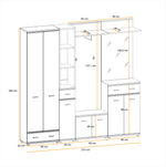 White hallway storage set with double doors, drawers, open shelving, and top ledges