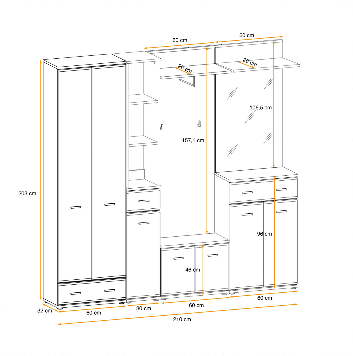 White hallway storage set with double doors, drawers, open shelving, and top ledges