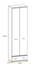 60cm hallway wardrobe front view: two doors, two drawers; size marked.
