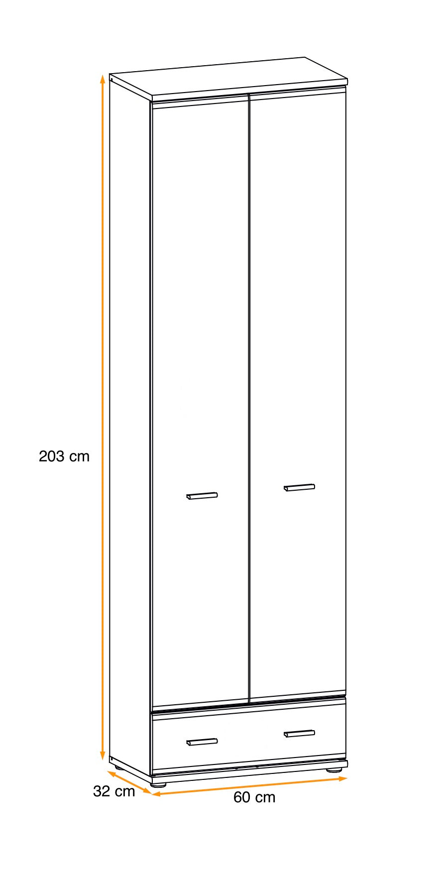 60cm hallway wardrobe front view: two doors, two drawers; size marked.