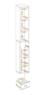 Cabinet interior measurement diagram with shelf levels and bottom drawer.