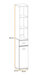 Tall cabinet dimensions: 203 cm height, 30 cm width; open shelving and drawers.