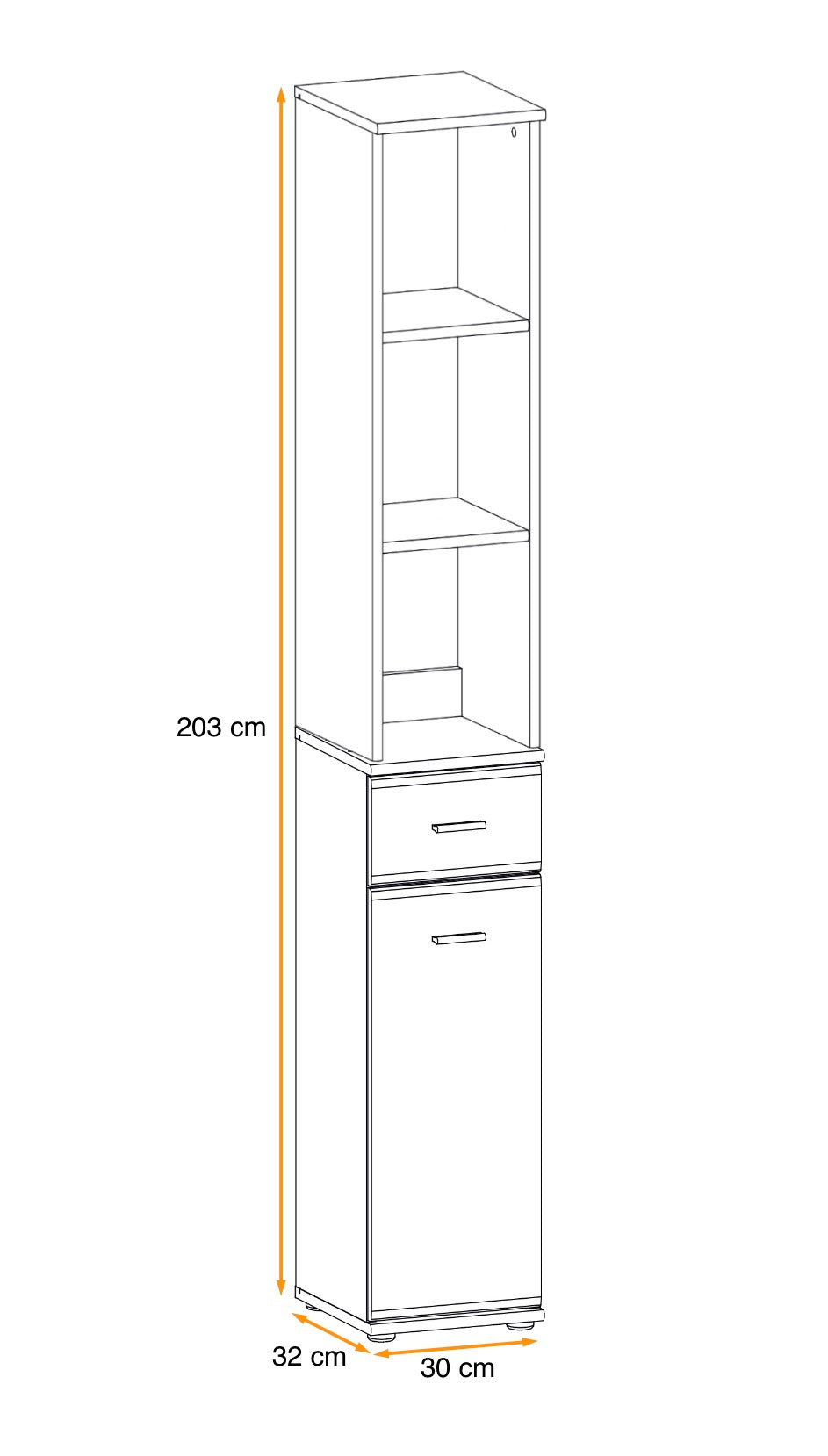 Tall cabinet dimensions: 203 cm height, 30 cm width; open shelving and drawers.