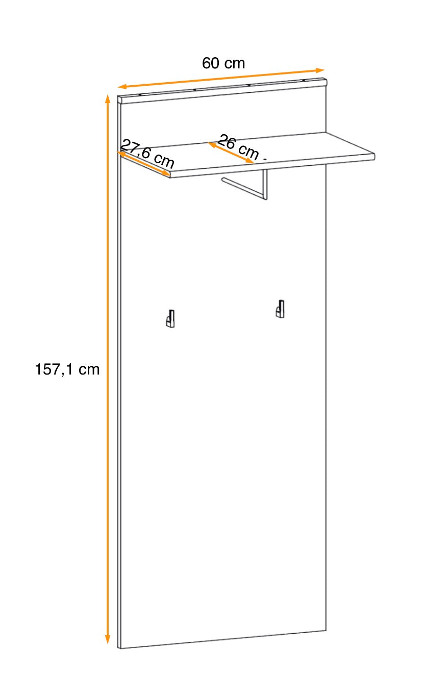 Hallway hanger with shelf and two hook pegs, 60 cm wide, 157.1 cm high