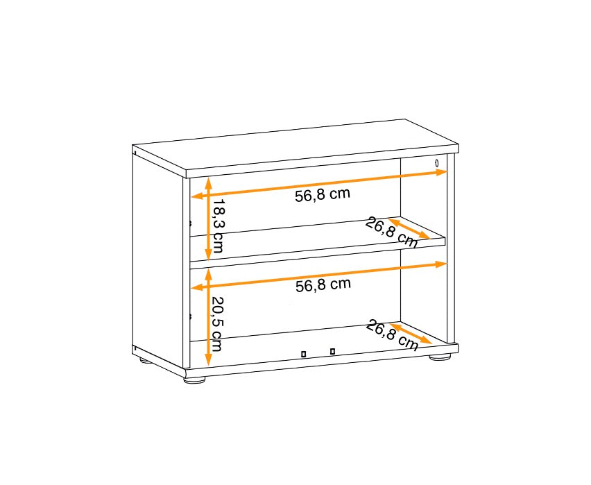 Hallway bench diagram showing shelf layout and measurements: 56.8cm sections