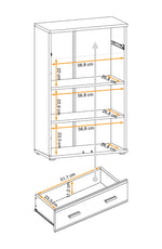 Hallway cabinet with open drawer and front size measurements shown in orange.