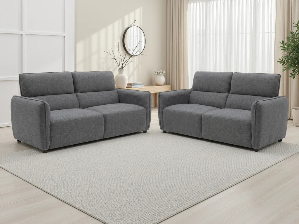 Charcoal 3-seat and 2-seat sofa set with square arms and tufted cushions