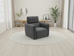 Charcoal upholstered armchair with square arms and padded backrest
