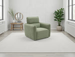 Green upholstered armchair with cushioned seat, square arms, and backrest