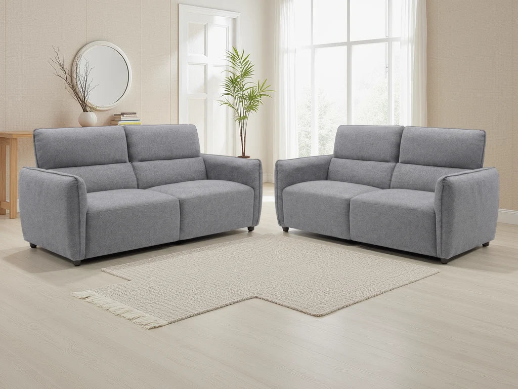 Grey 3-seat and 2-seat sofa set with square arms and tufted cushions
