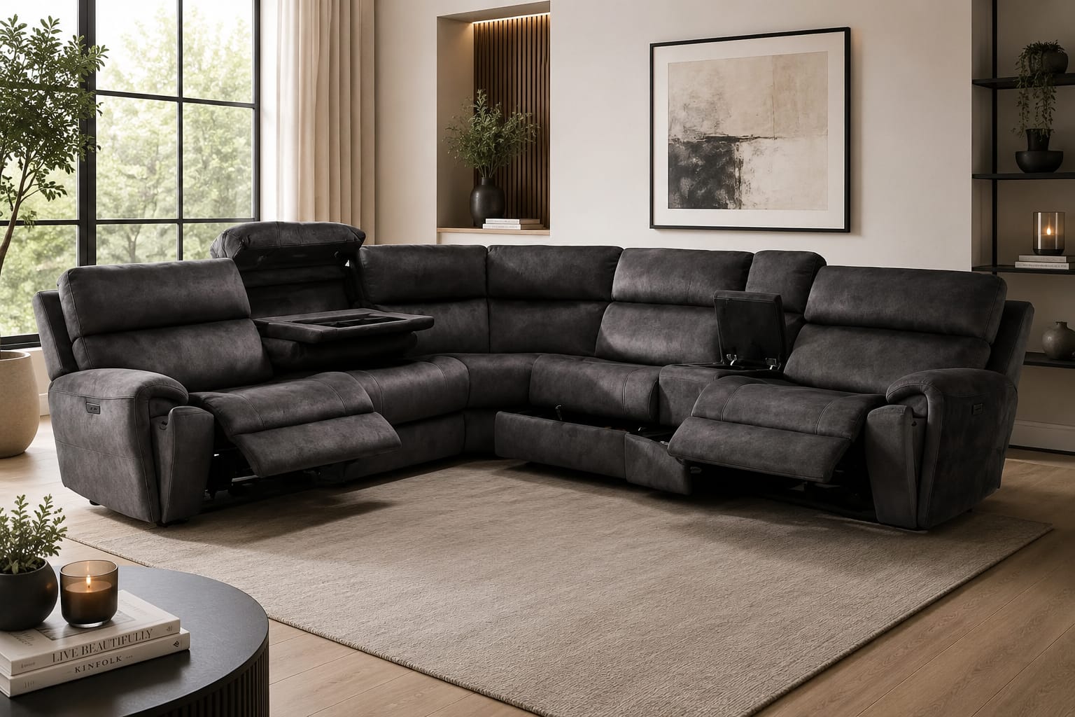 Grey fabric large corner electric recliner sofa with chaise and padded armrests