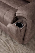 Grey fabric recliner arm with a built-in cup holder opening