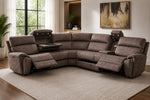Grey fabric corner recliner sofa with chaise section and multiple recline controls
