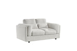Light grey 2-seater sofa with boxy arms, two seat cushions, and four short legs