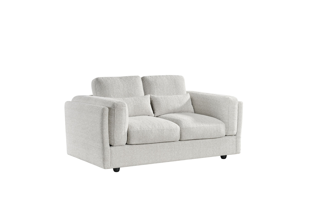Light grey 2-seater sofa with boxy arms, two seat cushions, and four short legs
