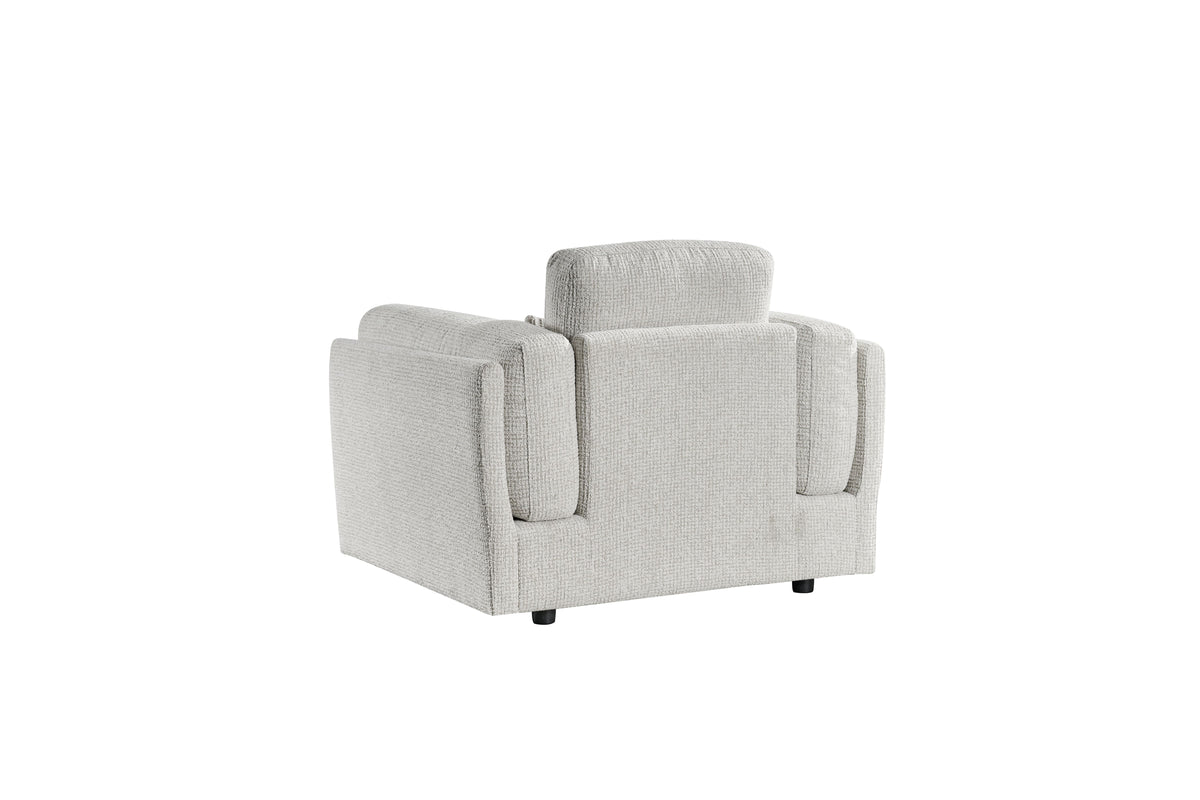 Light gray armchair front view with padded arms and rounded seat cushion