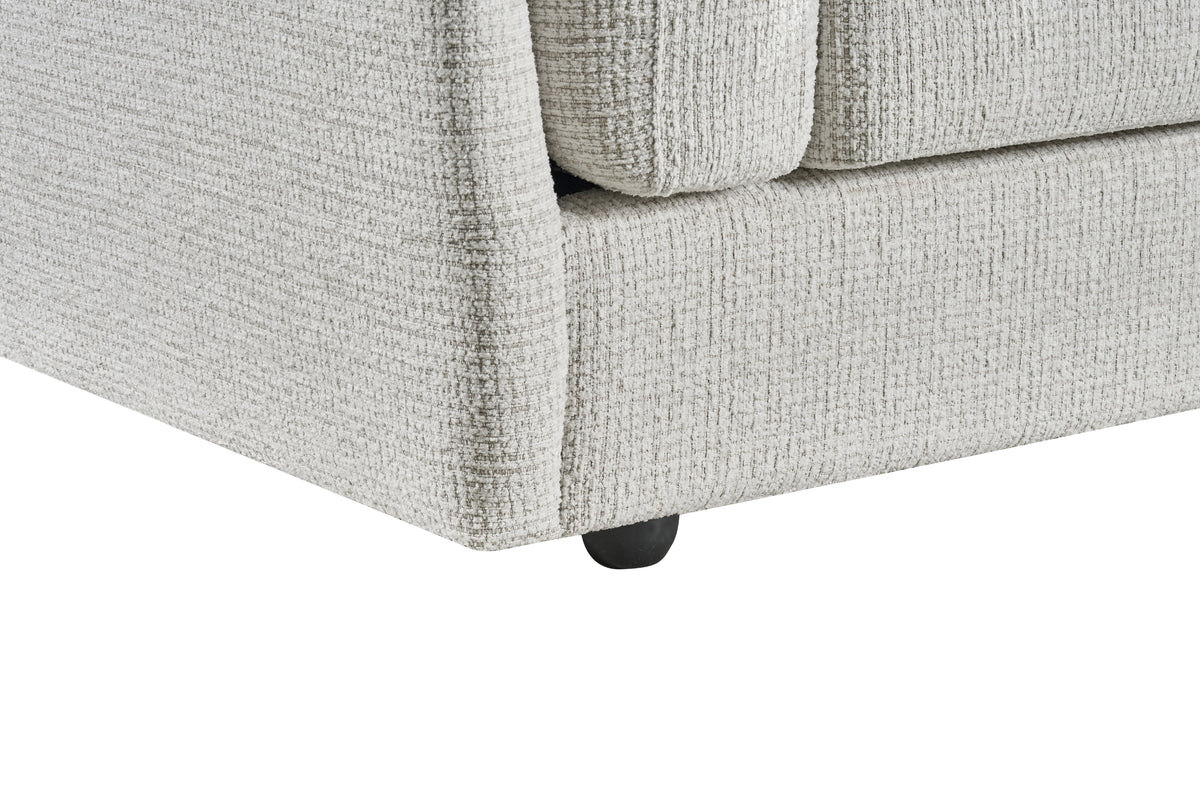 Light grey 2-seater sofa front corner showing squared arm, textured fabric, and legs