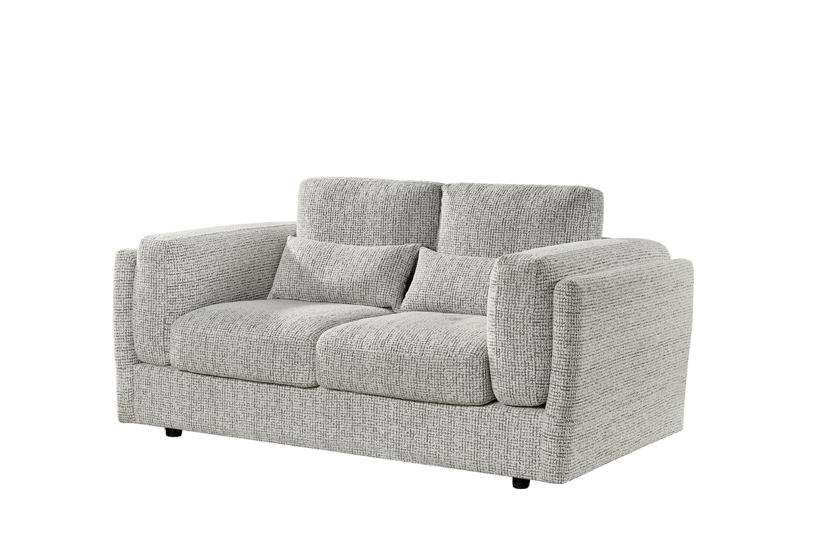 Light grey 2-seater sofa angled view with wide arms, three back cushions, and legs