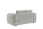 Light grey 2-seater sofa front view with tall armrests, two seats, and short legs
