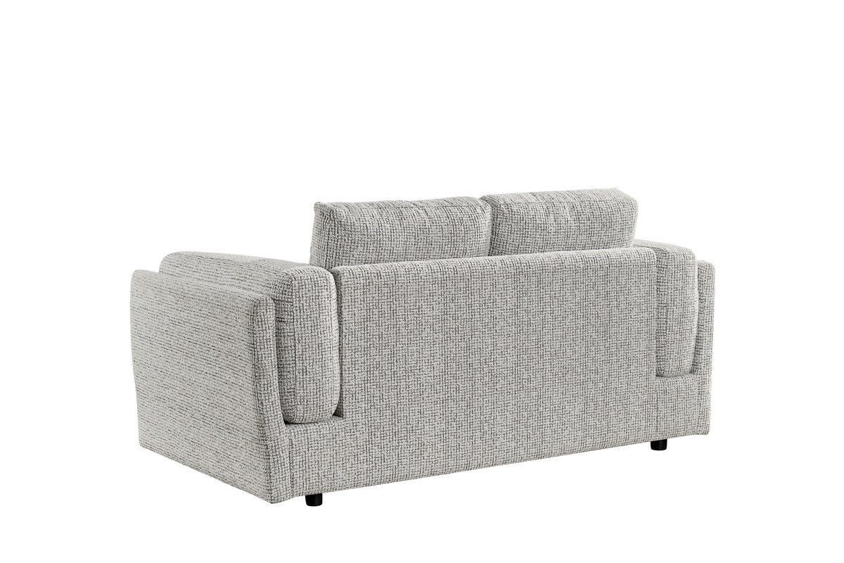 Light grey 2-seater sofa front view with tall armrests, two seats, and short legs