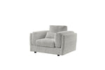 Upholstered armchair in light gray with back cushion and wide armrests