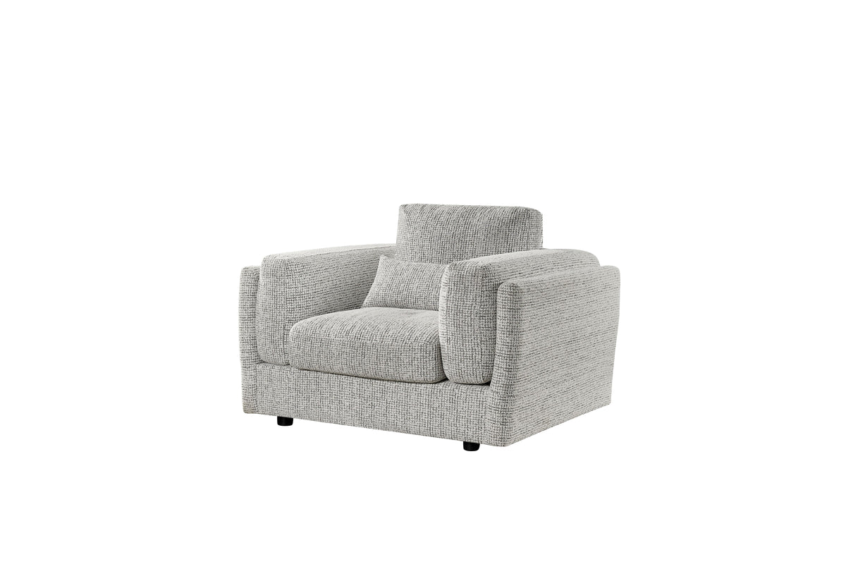 Upholstered armchair in light gray with back cushion and wide armrests