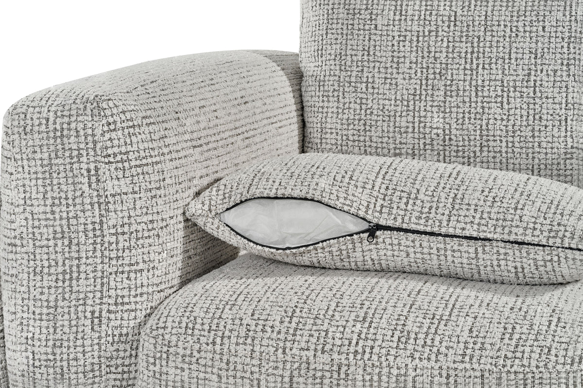 Grey textured fabric 2-seater sofa with rounded arms and cushioned back