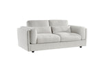 Light grey 3-seater sofa with three seat cushions, box arms, dark legs