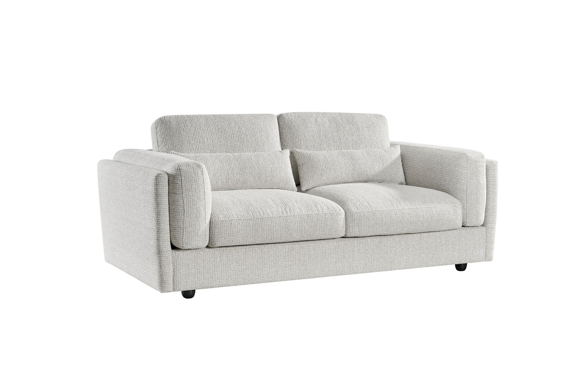 Light grey 3-seater sofa with three seat cushions, box arms, dark legs