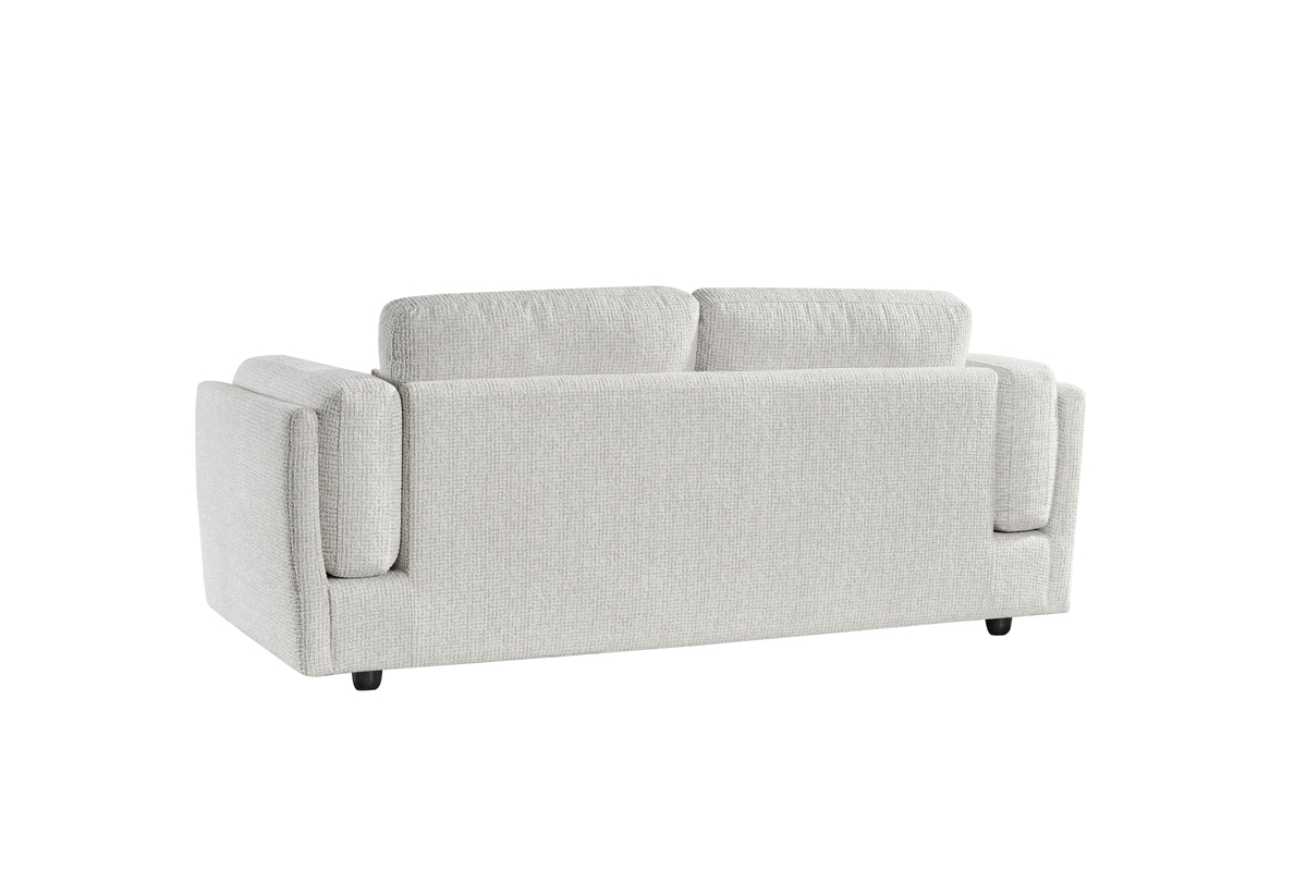 Light grey 3-seater sofa, textured fabric, box arms, low dark legs