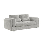 Grey 3-seater sofa with textured upholstery, thick back cushions, square arms, dark legs
