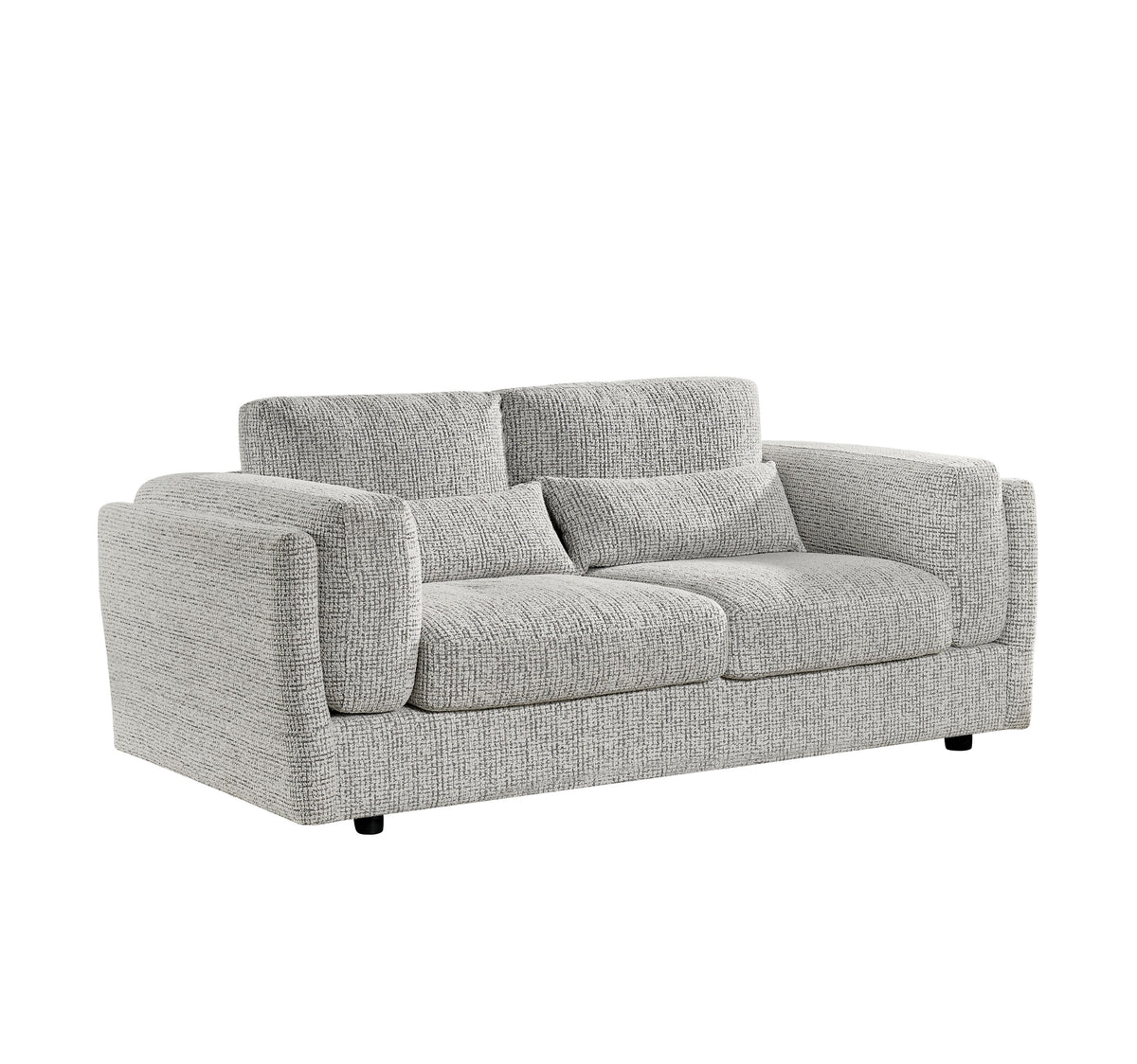 Grey 3-seater sofa with textured upholstery, thick back cushions, square arms, dark legs