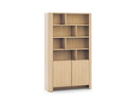 Light oak bookcase with open cubby shelves and two lower cabinet doors.