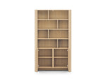 Light oak bookcase with open cubby shelves and lower doors swung open.