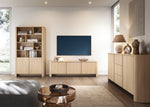 TV cabinet in light oak with open shelves and two lower doors