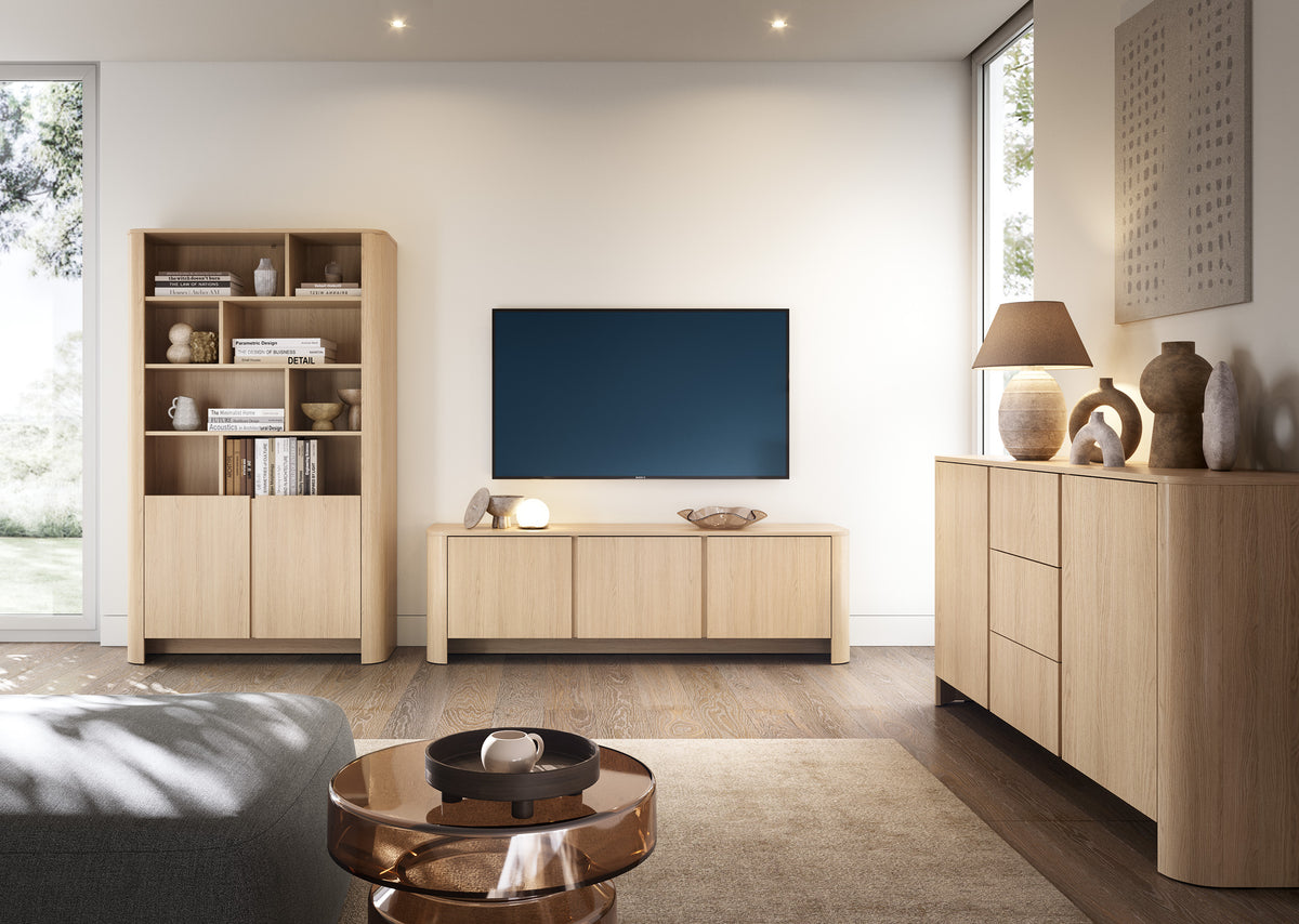 TV cabinet in light oak with open shelves and two lower doors