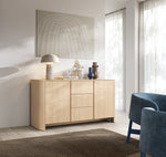 Light oak sideboard with two doors and two center drawers, simple bar handles