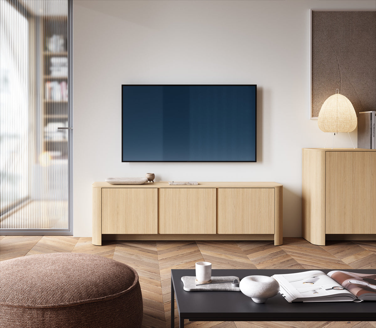 Light oak TV stand with three cabinet doors and open media shelf