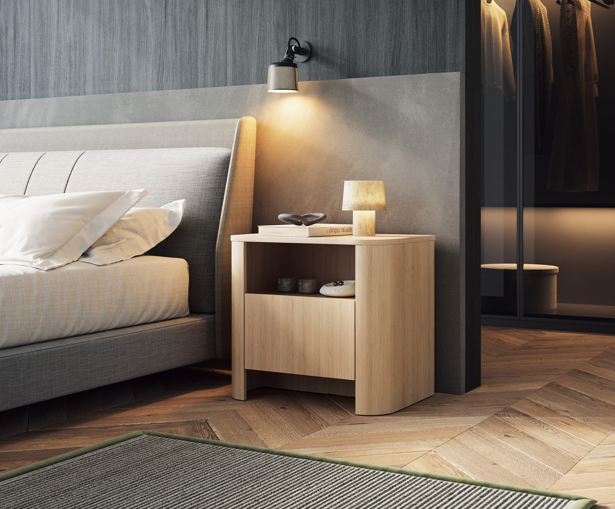 Light oak bedside cabinet with open shelf and cupboard door