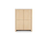 Light oak highboard with four square door panels and narrow vertical frame lines