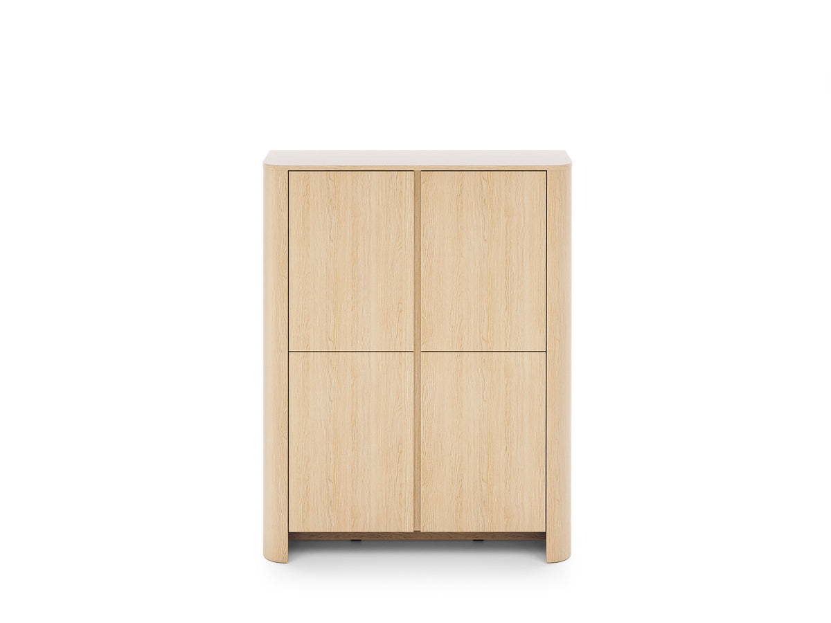 Light oak highboard with four square door panels and narrow vertical frame lines