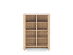 Open light oak highboard showing two shelving compartments with adjustable-style tiers