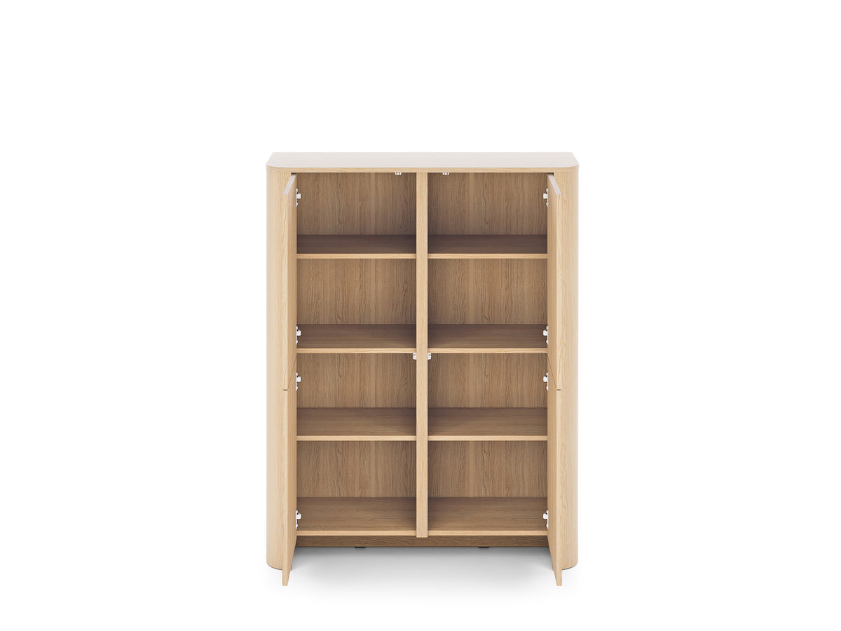 Open light oak highboard showing two shelving compartments with adjustable-style tiers
