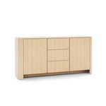 Light oak sideboard with two doors and two center drawers, slim bar handles