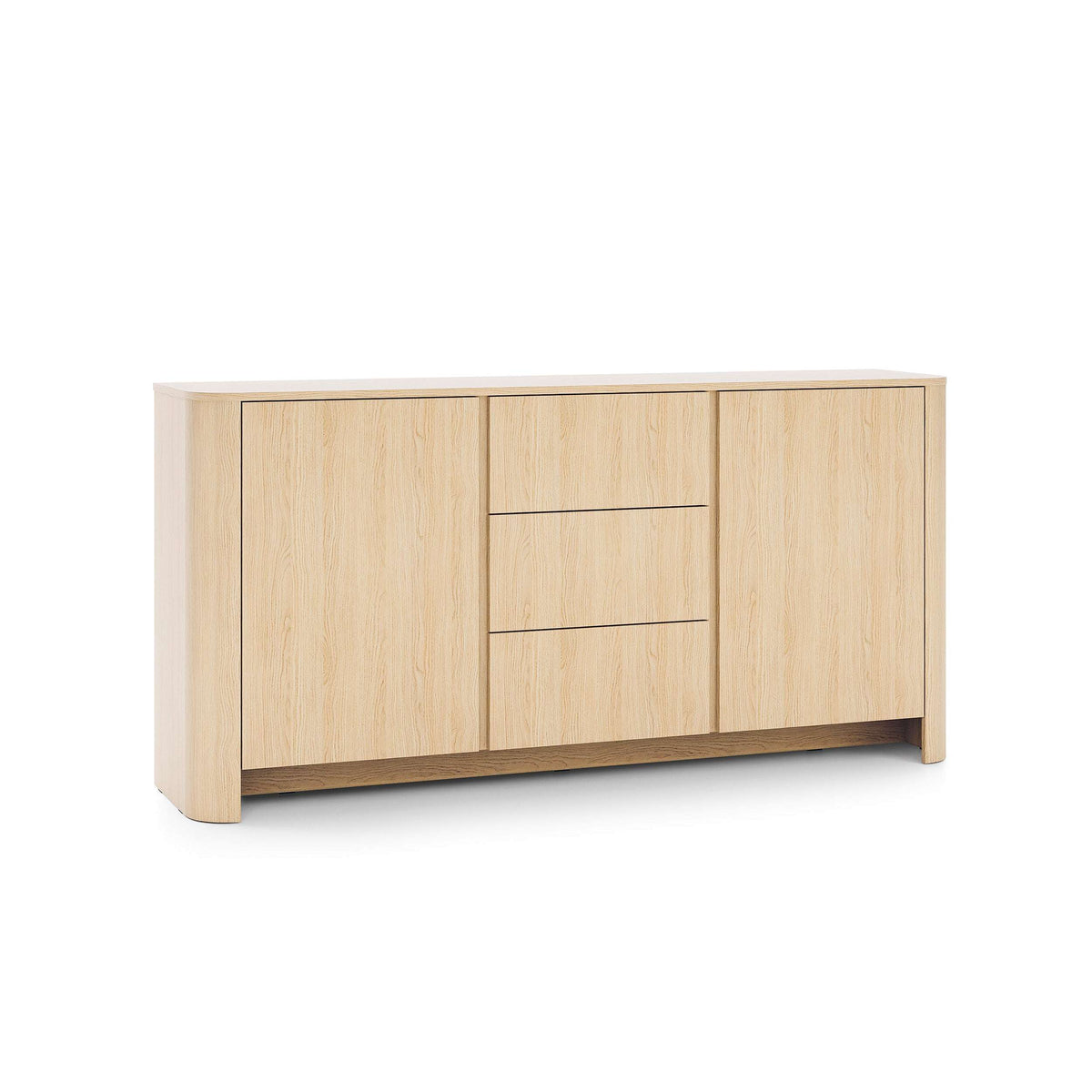 Light oak sideboard with two doors and two center drawers, slim bar handles