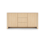 Light oak sideboard front with two side doors and two stacked drawers