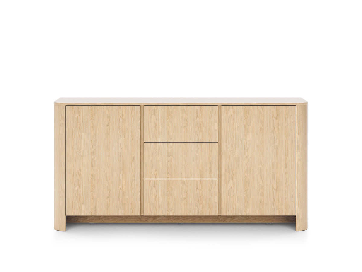 Light oak sideboard front with two side doors and two stacked drawers