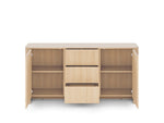 Light oak sideboard with two open doors and central drawer unit, visible shelves