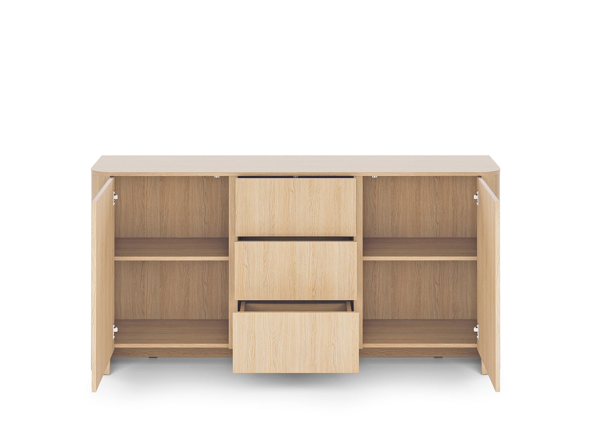 Light oak sideboard with two open doors and central drawer unit, visible shelves