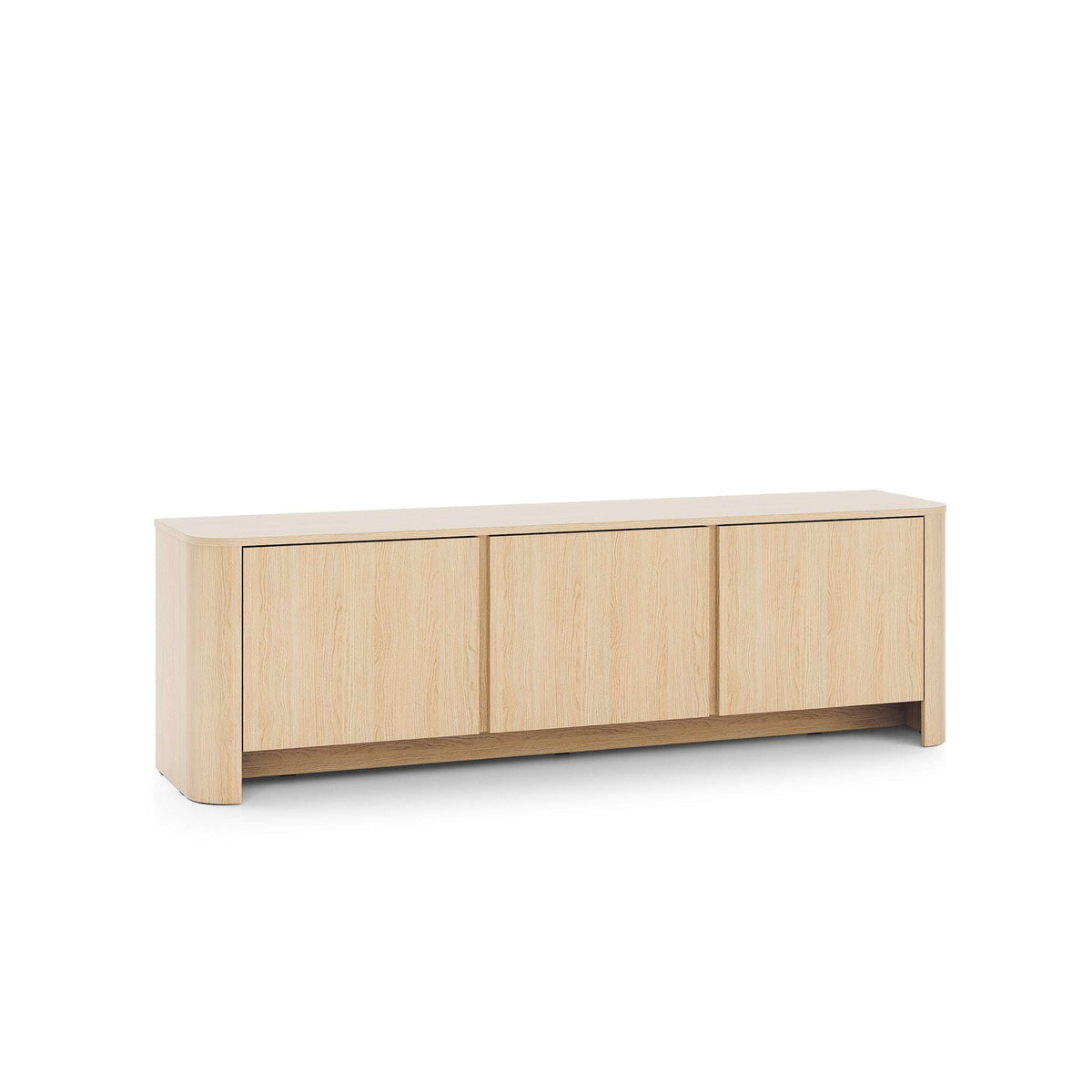 Light oak TV cabinet with flat panel doors and low, long profile